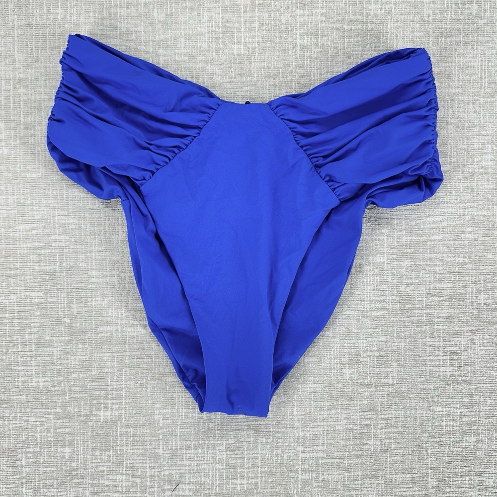 Becca Brinley High Waist Bikini Bottom Large Blue Shirred Detail High‎ Leg Lined